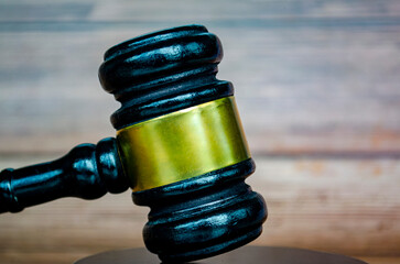 Close up view of lawyer gavel with customizable space for text, message or ideas. Law and copy...