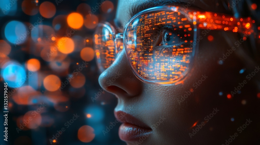 Poster A researcher contemplates the intersection of quantum computing and neural networks. The reflections in her glasses display intricate data patterns and glowing lights, representing complex concepts.