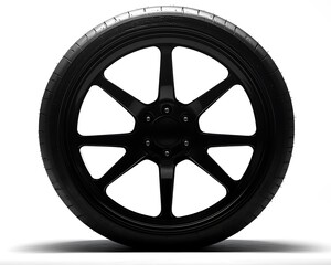 Obraz premium A black automotive wheel and tire displayed against white backdrop