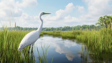 Fototapeta premium White Egret in a Tranquil Marsh Under a Partly Cloudy Sky