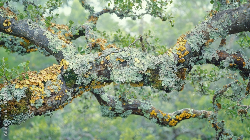 Poster a tree branch covered in moss and lichen in a forest. 