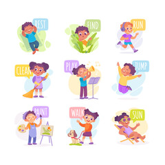 Verbs Study with Little Kid Demonstrating Different Activity Vocabulary Vector Set