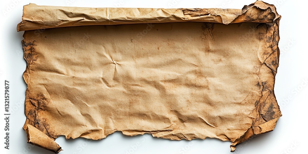 Poster old paper scroll unrolled with burned edges on white background
