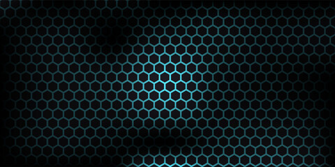 Dark technology hexagonal vector background. Abstract blue bright energy flashes under hexagon in dark technology modern futuristic background vector