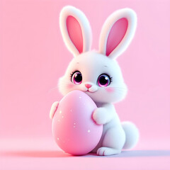 3D rendering cute big eyes white bunny holding a big egg in plain pink background. Generative ai.