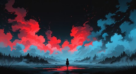 Naklejka premium Abstract cyan red fog mist anime on plain dark black background illustration