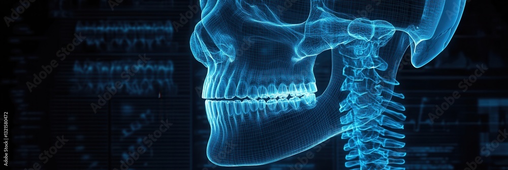Poster detailed x-ray blueprint of a jawbone featuring dental implants and glowing skeletal structures in a