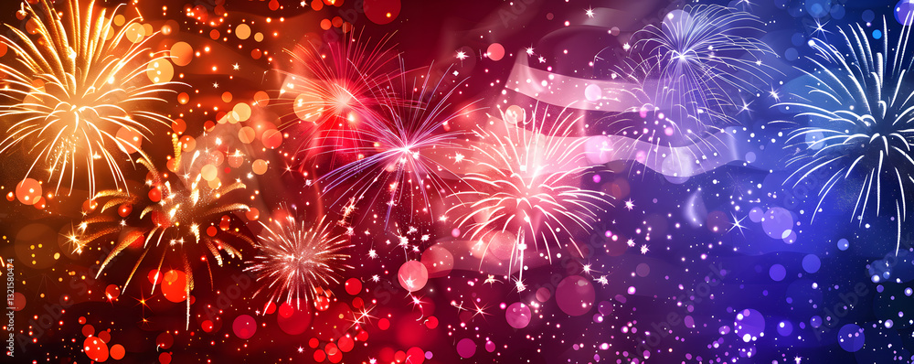 Poster vibrant fireworks display with bokeh lights
