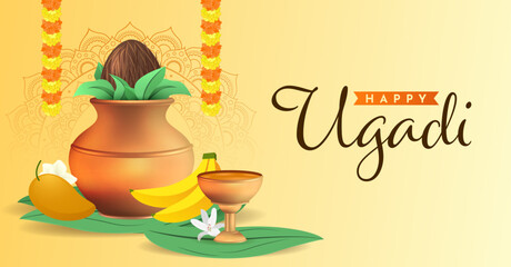 Naklejka premium Happy Ugadi. Template greeting card for holiday Ugadi. Gold pot with creative kalash