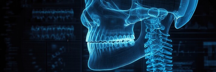 Detailed X-ray blueprint of a jawbone featuring dental implants and glowing skeletal structures in a dark medical setting