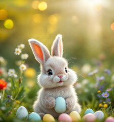Cute bunny rabbit holding eggs in garden, blur bokeh background. Generative ai.