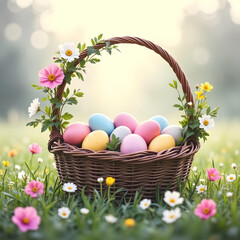 Happy Easter Theme, Basket of colorful eggs in spring beautiful garden bokeh background. Generative ai