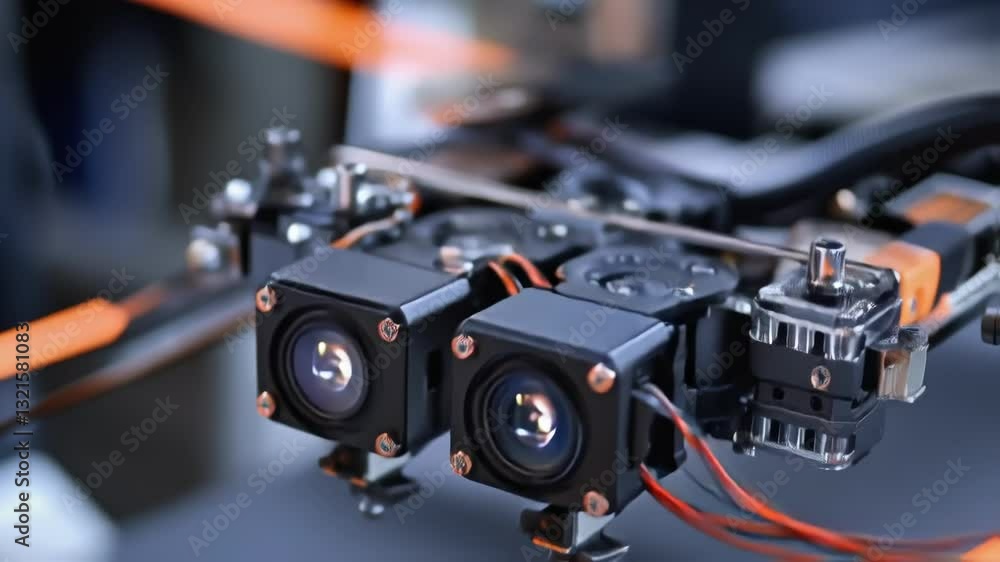 Poster dual camera system installed on precision robotic arm, demonstrating stereoscopic machine vision cap