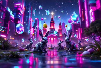 Cinematic futuristic abstract easter concept, holography eggs floating, metallic rabbit surround, neon city, vibrant color background. Generative ai.
