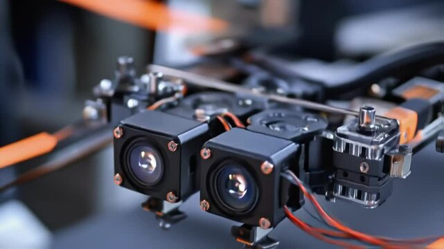 Dual camera system installed on precision robotic arm, demonstrating stereoscopic machine vision capabilities with advanced engineering and technological innovation in industrial automation setting