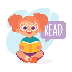 Girl Read Book as Verb Study with Little Kid Demonstrating Activity Vocabulary Vector Illustration