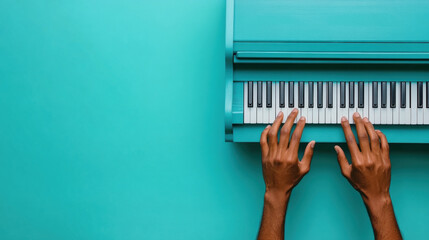 Music of skeleton, Hands playing a turquoise piano with white keys against a matching background.
