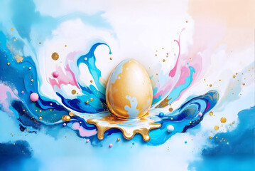 Golden Egg in Abstract Painting fluid liquid splash art pattern background. Generative ai.