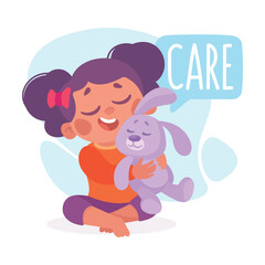 Girl Care of Bunny as Verb Study with Little Kid Demonstrating Activity Vocabulary Vector Illustration
