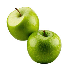 Two green apples isolated on transparent background, PNG cutout image for food photography and product designs