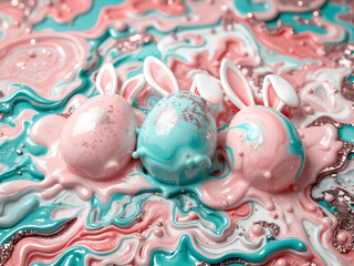 Abstract coloring splash on eggshell with rabbit ears decoration. Fluid liquid pink turquoise green pastel background. Generative ai.