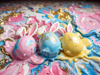 Cute abstract colorful easter eggs with rabbit ear decoration, fluid liquid marble painting  drawing illustration. Generative ai.