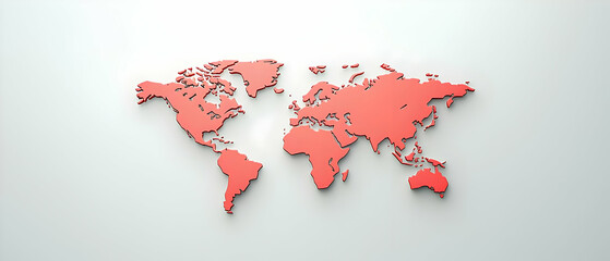 3D Rendered Coral Red Pixelated World Map On A Light Gray Studio Background With Subtle Shadows