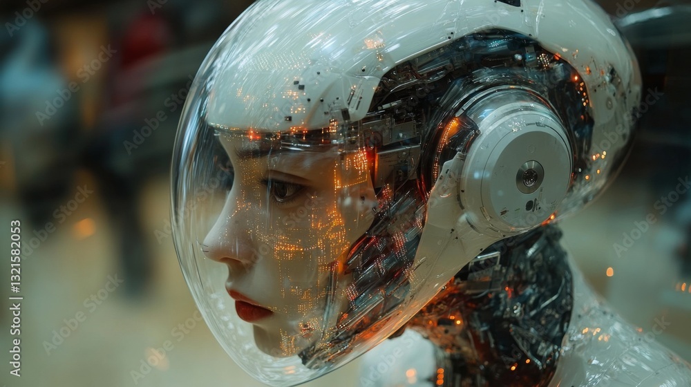 Poster An advanced humanoid robot displays principles of quantum computing, featuring transparent components revealing complex circuits and glowing Qubits.