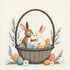 Cute cartoon hare easter bunny rabbit in basket with eggs, floral, leaf decoration illustration art drawing. Generative ai.