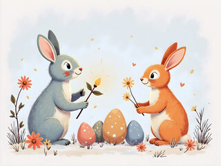 Cute Easter bunny holding flower in garden with Easter eggs decoration field drawing illustration. Generative ai.