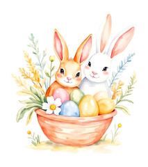 Watercolor illustration style Happy Easter Rabbit Eggs Florals in Basket on Blank White Background. Generative ai.