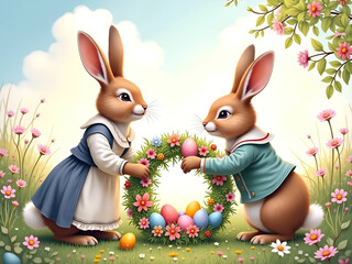 Happy Easter theme, two rabbits creating decorating spring easter wreath using flowers eggs in forest garden home. Vintage antique art illustration style. Generative ai.