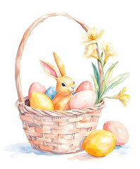 Happy Easter bunny with basket of easter eggs watercolor drawing art illustration. Generative ai.