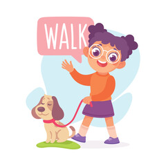 Girl Walk with Dog as Verb Study with Little Kid Demonstrating Activity Vocabulary Vector Illustration