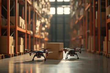 Naklejka premium Autonomous delivery drones transporting packages inside a large warehouse, futuristic logistics and smart supply chain technology