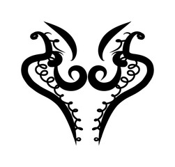 An abstract, symmetrical design done in solid black on a white background. A lace style with mirrors on both sides that meet in the center. Consists of flowing lines and spirals