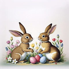 Happy easter rabbits, eggs decoration, spring flower on blank background. Vintage antique art illustration style. Generative ai