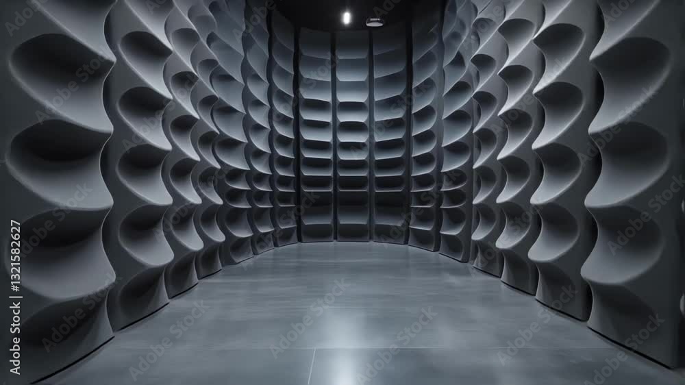 Poster dark empty anechoic chamber with sound absorbing walls, used for measuring sound waves and creating 