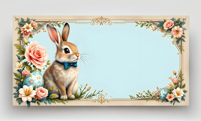 Rabbit with bow tie with beautiful spring floral, vintage illustration art style Happy Easter greeting card, invitation card, banner. Generative ai.