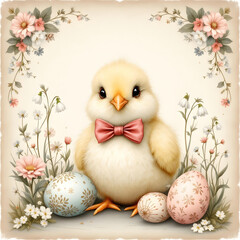 Vintage Easter postcard design, intricate floral borders, cheerful chicks wearing bow ties, surround eggs with Victorian patterns, retro texture. Generative ai.