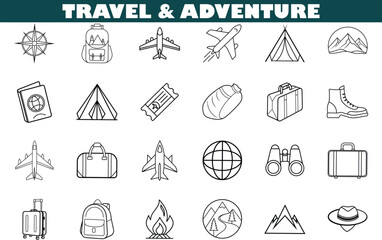 Travel Adventure Icons Planes, Backpacks, Maps, and More