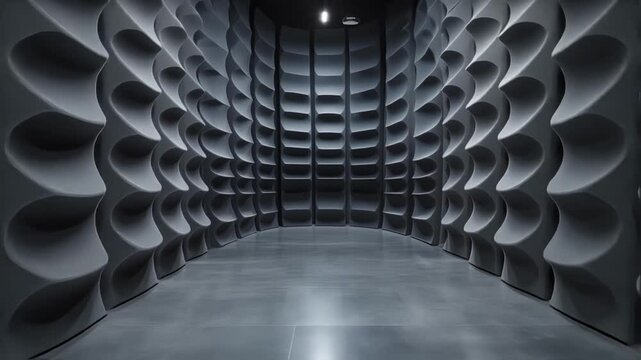 Dark empty anechoic chamber with sound absorbing walls, used for measuring sound waves and creating a silent environment for audio recording and testing