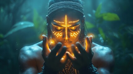 A mystical shaman covered in glowing tribal paint, summoning spirits in a dense foggy jungle