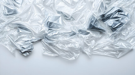 Obraz premium Abstract Background of Crumpled Transparent Plastic Sheet with Gray Accents on White Surface Showing Texture and Light Play