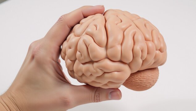 White-background image showcases detailed human brain model with visible texture in hand