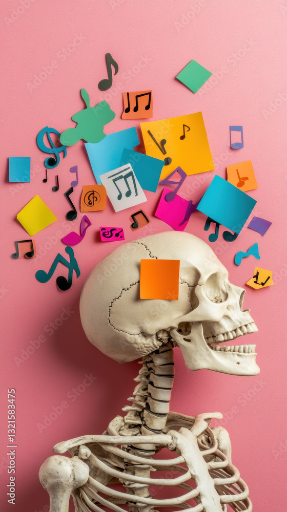 Poster music of skeleton, a skeleton with colorful notes and post-its floating above its head against a pin