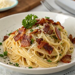 Spaghetti carbonara with crispy pancetta