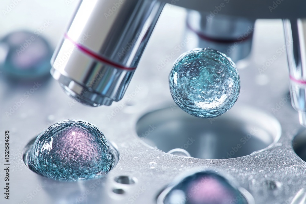 Poster A close-up image of a microscope showing a collection of balls, useful for science and education illustrations