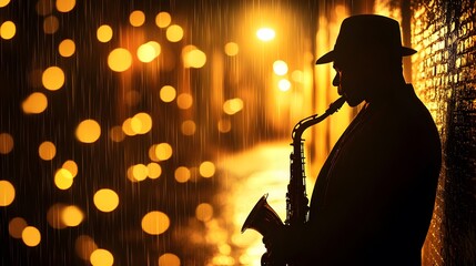 A melancholic jazz musician playing saxophone in a dimly lit alley on a rainy night