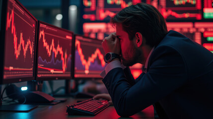 stressed man in suit analyzing stock market data on multiple screens, surrounded by red graphs and charts, reflecting financial tension